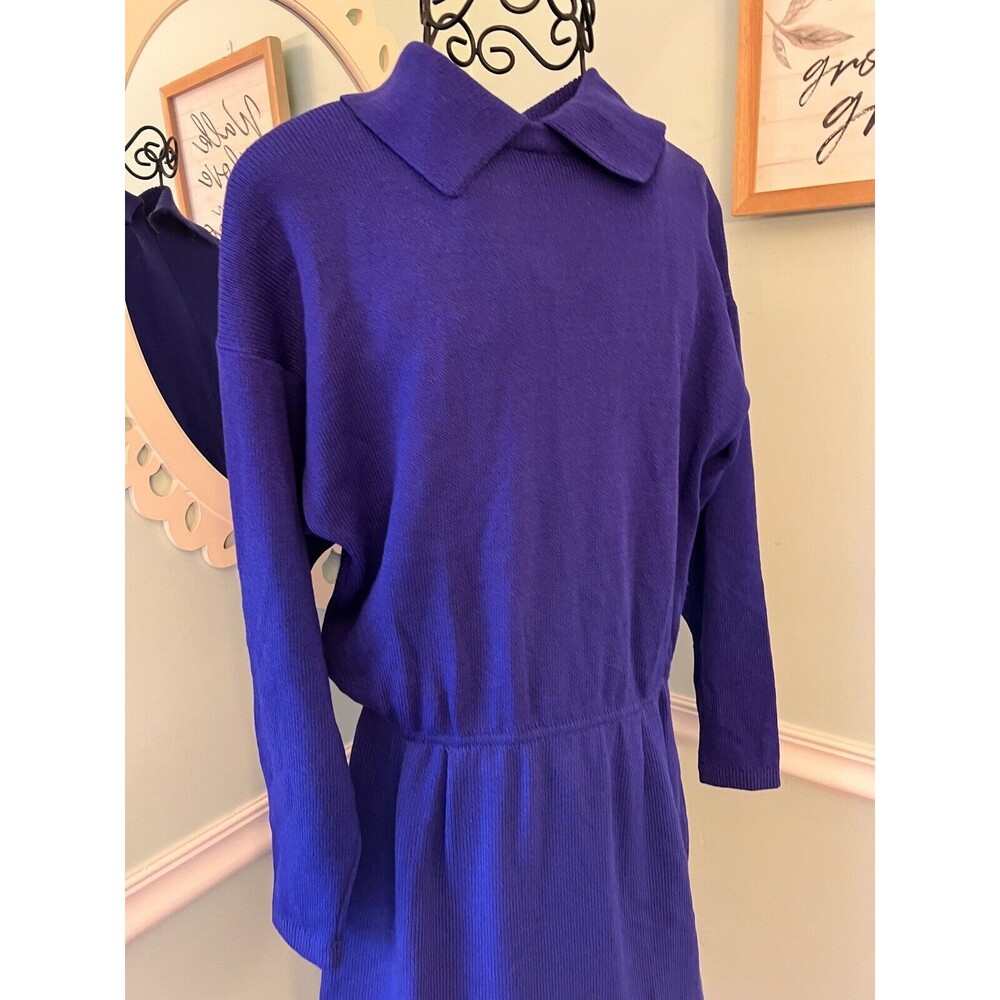 St John Evening for Saks Fifth Ave NYC Vintage 80s Blue Knit Dress Runway USA 12